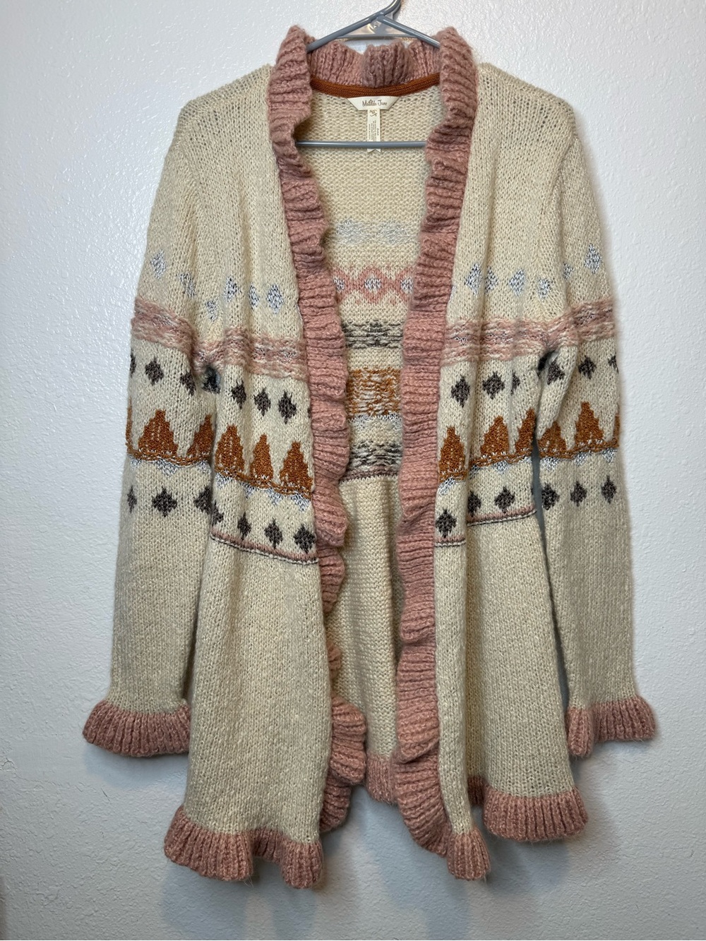 Matilda Jane Just Image Jacie Cream & Pink Ruffle Fair Isle Cardigan Size M